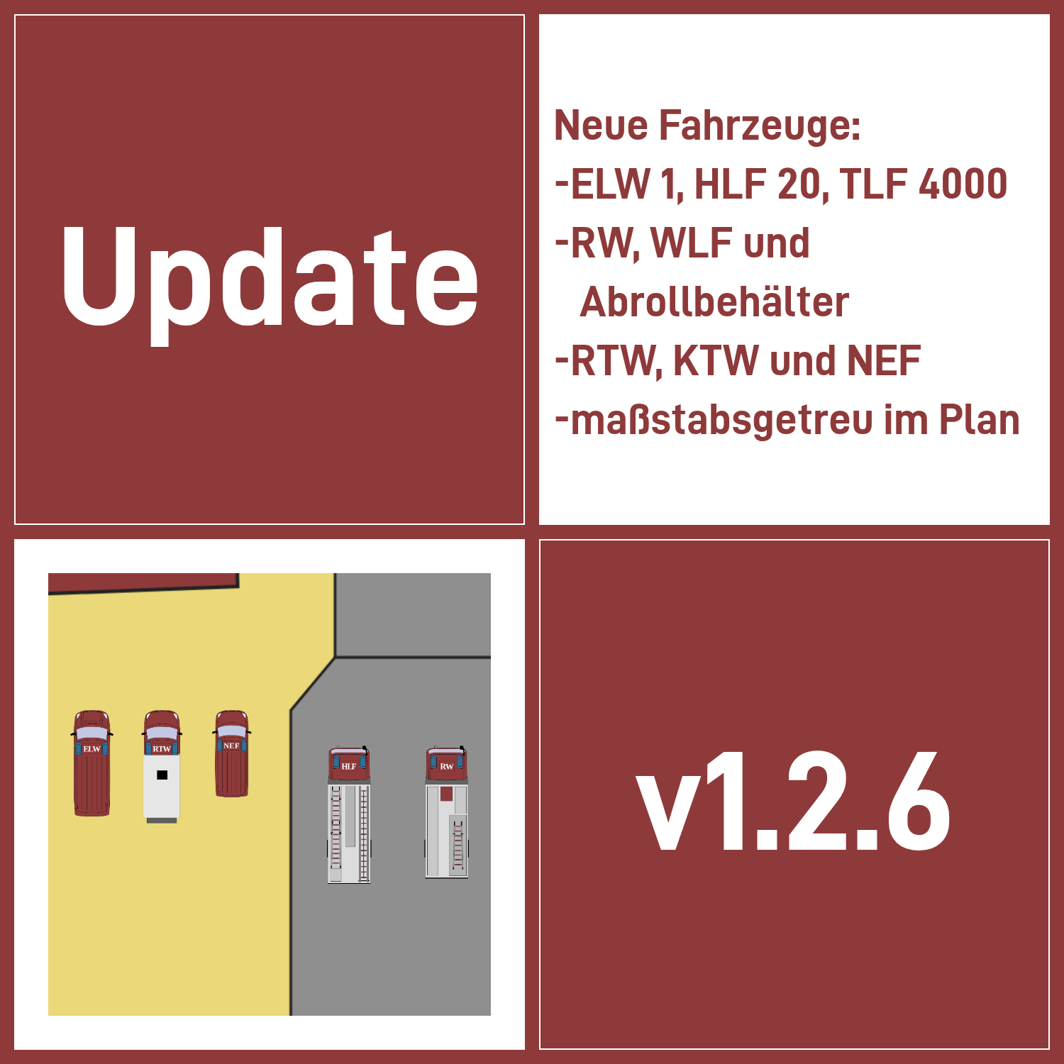 Update-Grafik zu Version 1.2.6: neue Fahrzeuge ELW 1, HLF 20, TLF 4000, RW, WLF, Abrollbehälter, RTW, KTW und NEF, maßstabsgetreu im Plan. Dazu ein Screenshot mit ELW, RTW, NEF, HLF und RW auf einem Musterplan.