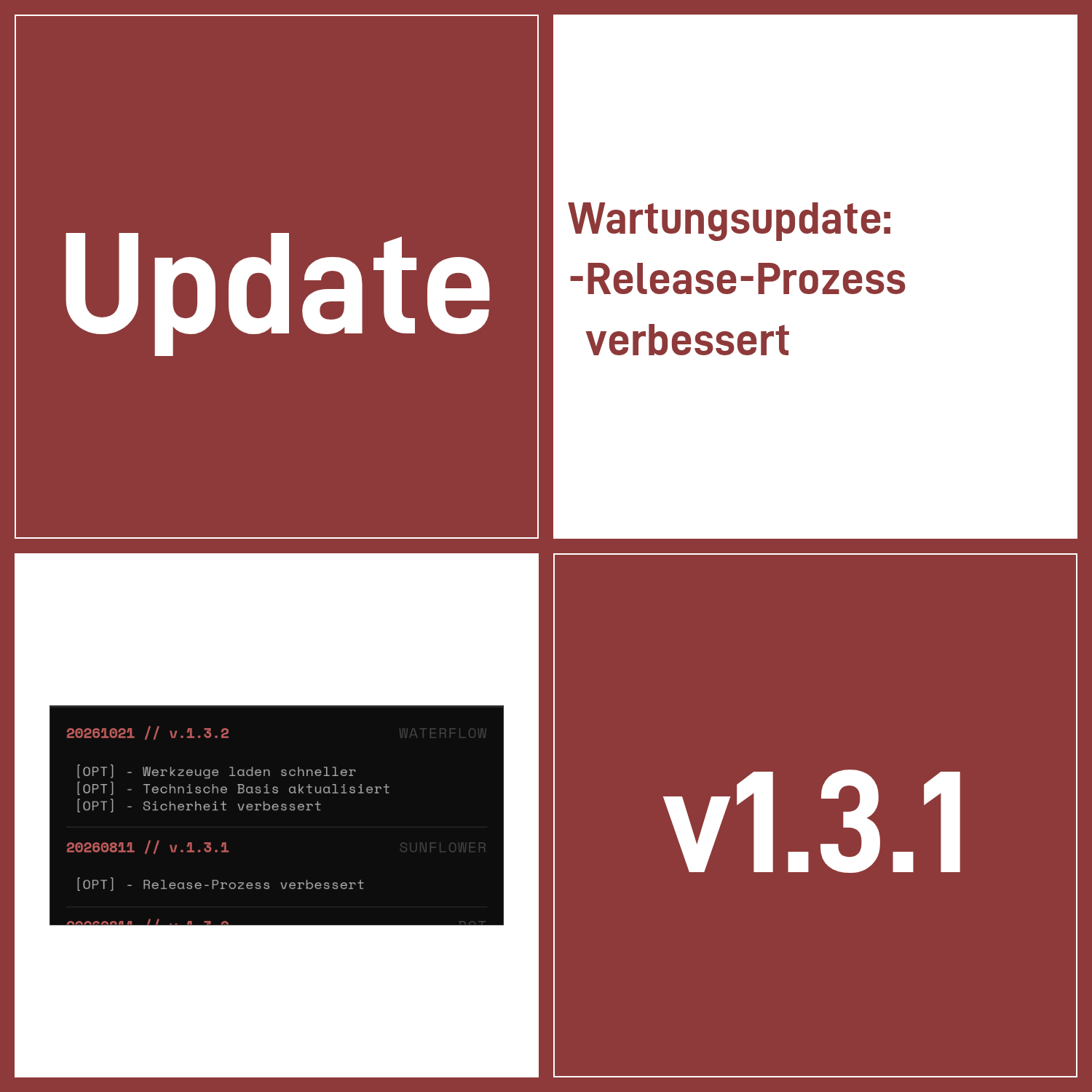 Update-Grafik zu Version 1.3.1: Wartungsupdate, Release-Prozess verbessert. Dazu ein Screenshot des Changelogs im Startbildschirm des VB-Tools mit den Einträgen zu den Versionen 1.3.2 und 1.3.1, darunter angeschnitten 1.3.0.