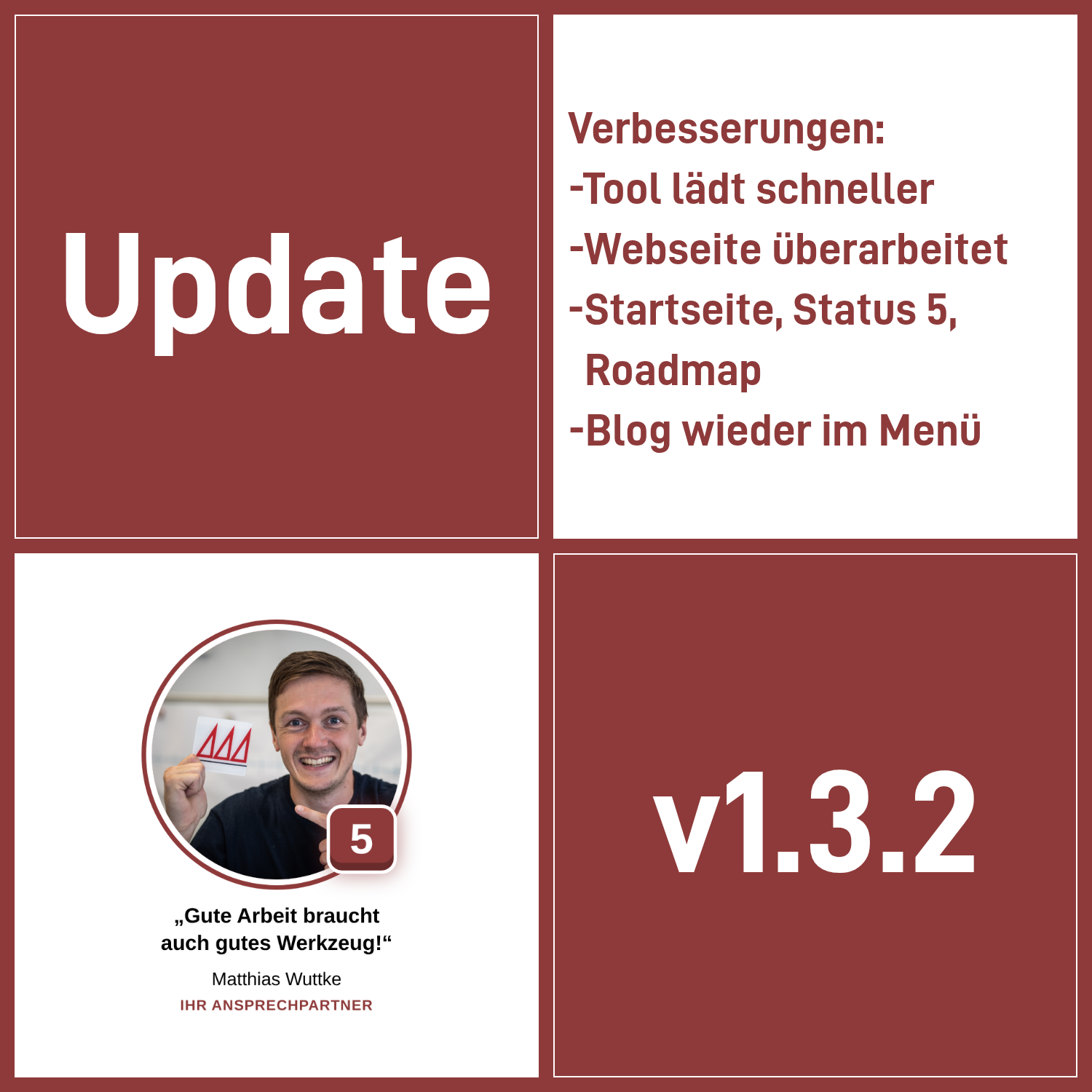 Update-Grafik zu Version 1.3.2: Tool lädt schneller, Webseite überarbeitet mit Startseite, Status 5 und Roadmap, Blog wieder im Menü. Dazu ein Screenshot der überarbeiteten Status-5-Seite mit Portrait, Statustaste und Zitat.
